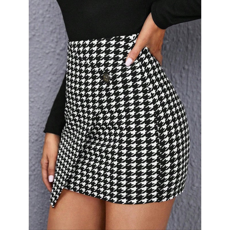 Women Clothing Houndstooth Skirt Elegant Hip High Waist