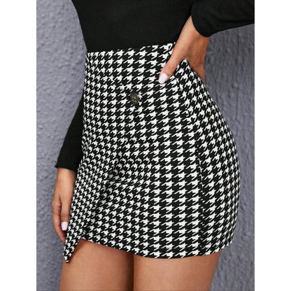 Women Clothing Houndstooth Skirt Elegant Hip High Waist