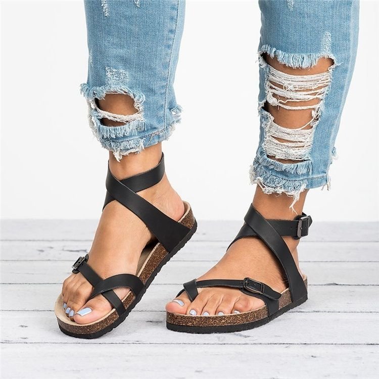 Summer plus Size Sandals Cork Sole Roman Toe Covering Belt Buckle Strip Winding Sandals Women
