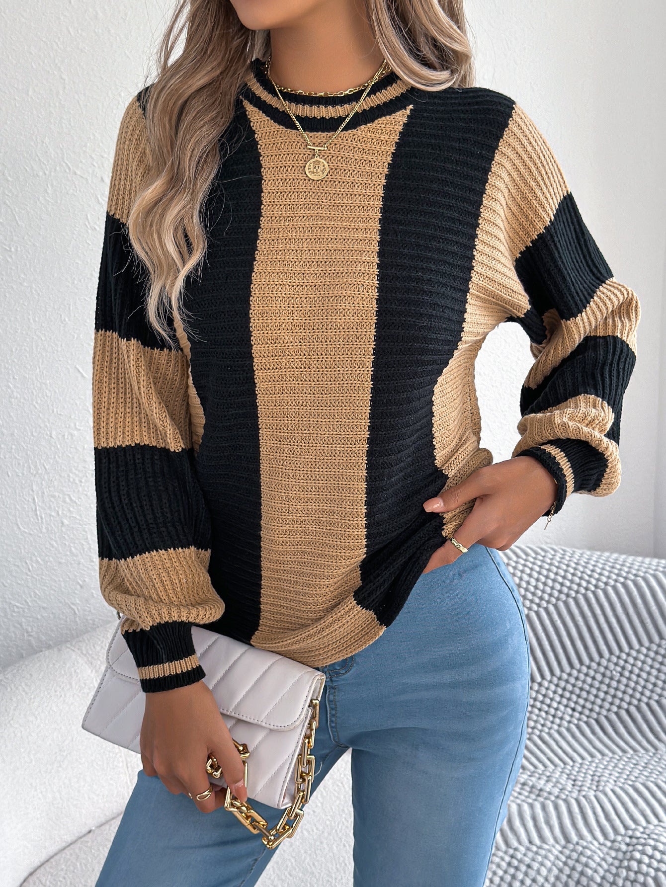 Autumn Winter Casual Contrast Color Striped Lantern Long Sleeve Pullover Women Clothing