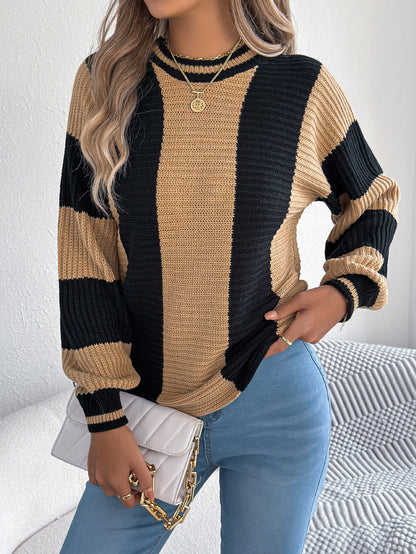 Autumn Winter Casual Contrast Color Striped Lantern Long Sleeve Pullover Women Clothing