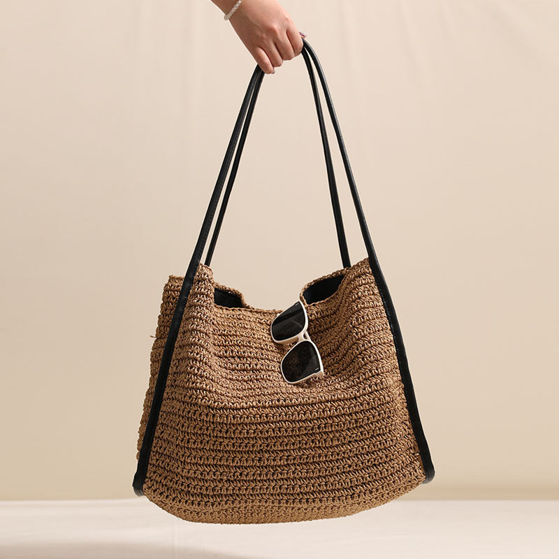French Large Capacity Straw Bag Niche Solid Color Straw Bag Woven Bag Women Vacation Beach Bag Shoulder Bag - GLAMWEARS