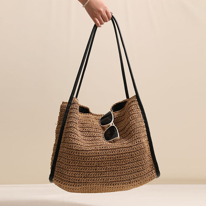 French Large Capacity Straw Bag Niche Solid Color Straw Bag Woven Bag Women Vacation Beach Bag Shoulder Bag - GLAMWEARS