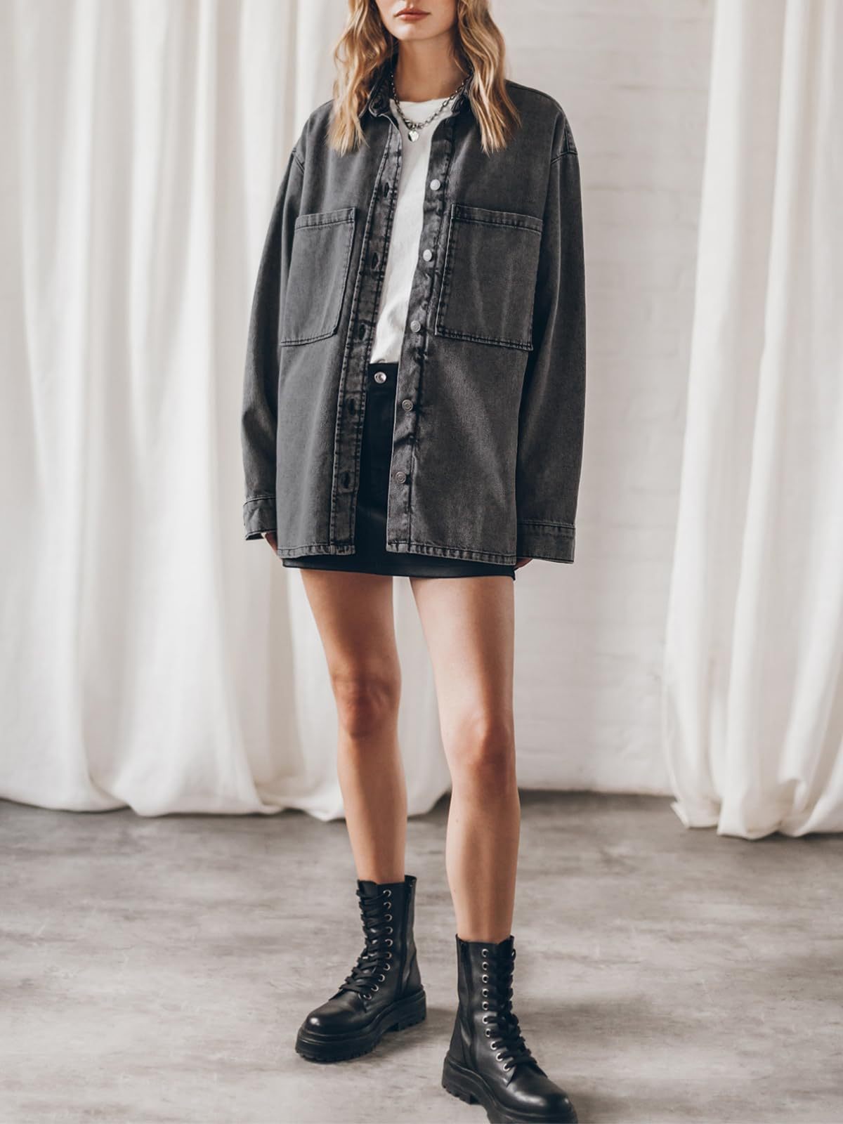 Retro Hong Kong Collared Denim Coat Women Blue Large Pocket Loose Casual Jacket