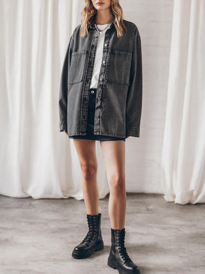 Retro Hong Kong Collared Denim Coat Women Blue Large Pocket Loose Casual Jacket