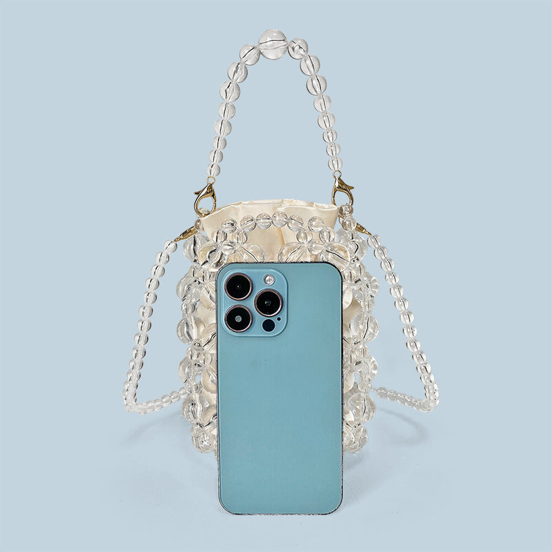 Transparent Irregular Asymmetric Hand Woven Acrylic Crystal String Beads Cocktail Mobile Phone Bag Cross Body Bucket Pouch - GLAMWEARS