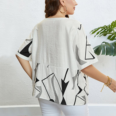 Plus Size Round Neck Art Printed Top Popular Printed Loose Casual