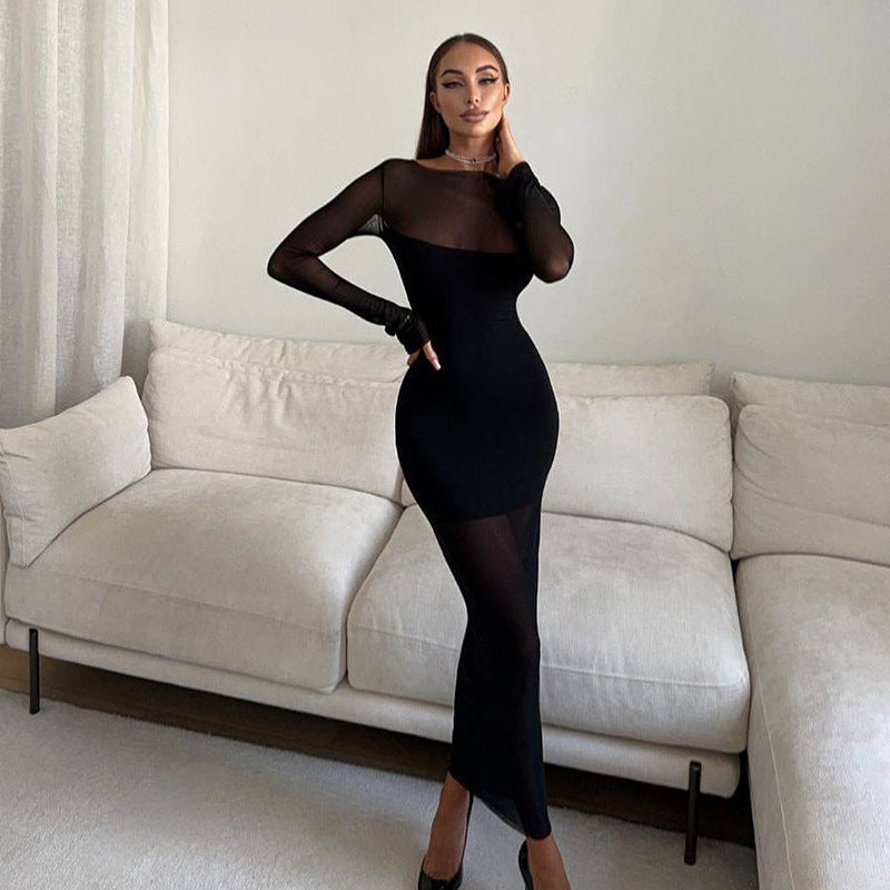 Women round Neck Long Sleeve Slim Fit Figure Flattering Dress Sexy Mesh Stitching Red Carpet Dress