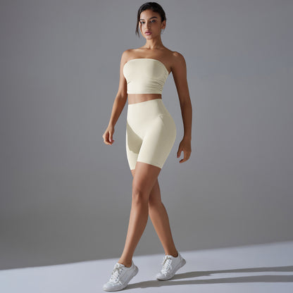 Celebrity One Piece Pleated Tube Top High Waist Hip Lift Zero Sense Wear Free Underwear Sports Shorts Fitness Yoga Set Women