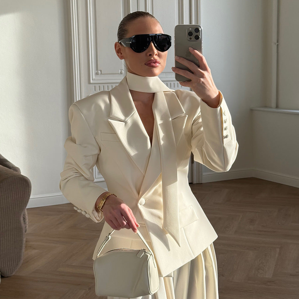 Ribbon Waist Tight Blazer for Women Autumn Winter Office Coat Short Blazer