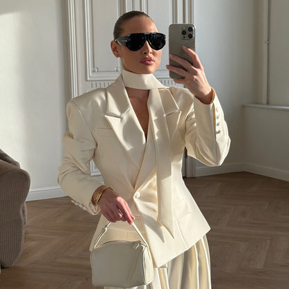 Ribbon Waist Tight Blazer for Women Autumn Winter Office Coat Short Blazer