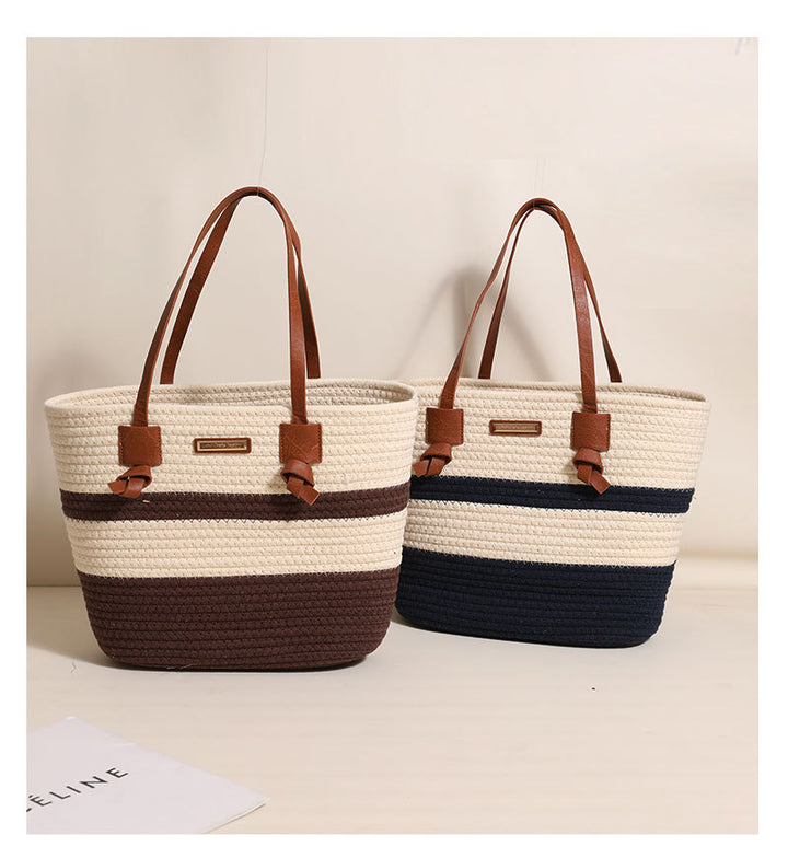 One Shoulder Cotton Thread Woven Bag Large Capacity Tote Straw Bag Vacation Beach Women Bag - GLAMWEARS