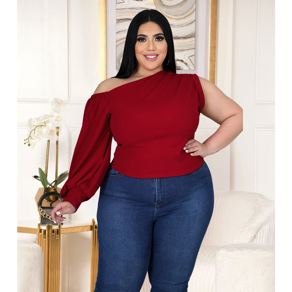 Plus Size Solid Color Shoulder Shoulder Sleeve Asymmetric Top Women