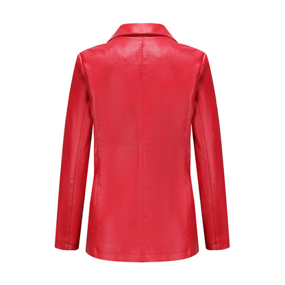 Small Long Sleeved Coat Women Single Button Office Casual Solid Color Leather Coat