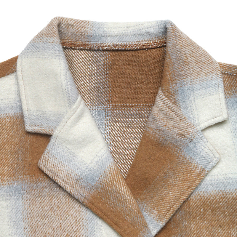 Autumn Winter Casual Retro Mid Length Double Breasted Collar Brushed Plaid Coat