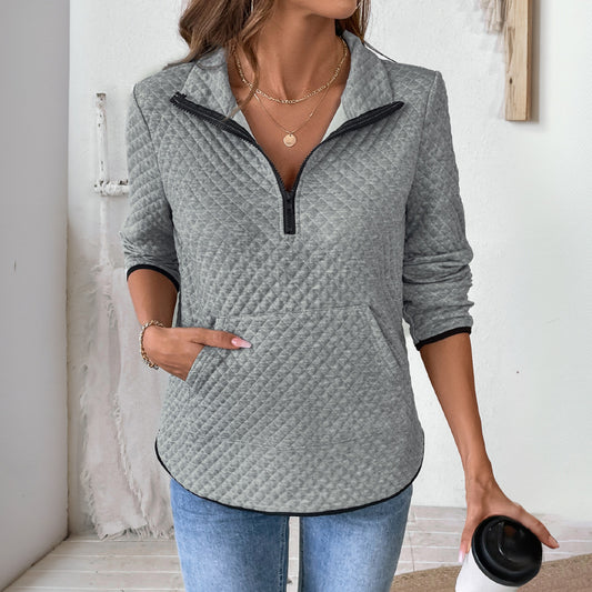 Casual Simple Sports Half Open Zipped Stand Collar Diamond Lattice Fabric Solid Color Hoodie Women