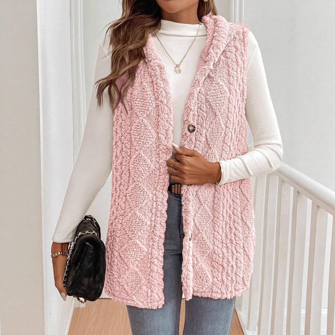 Autumn Winter Women Double Sided Plush Casual Hooded Cardigan Vest