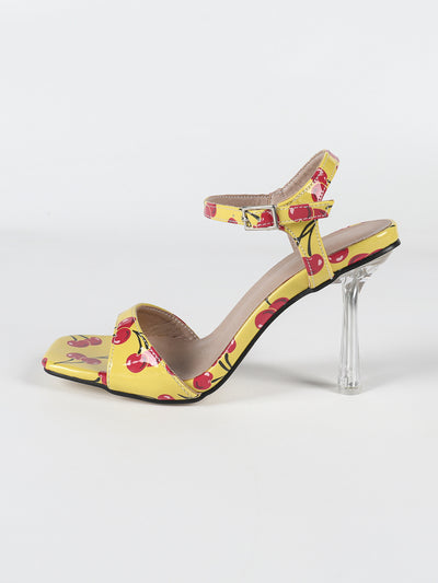 Printed Buckle Strap Open Toe Chunky Heel Transparent Stiletto Heel Women Sandals