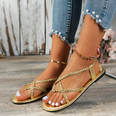 Bottom Flip Flops Women Solid Color Woven Flip Toe Outdoor Beach Sandals