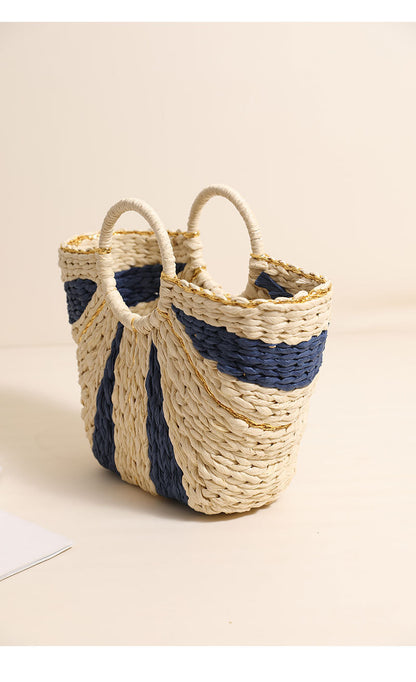 Pastoral Large Capacity Portable Straw-Weaved Bag Contrast Color Hand Carrying Straw Bag Woven Bag Vacation Beach Bag Vegetable Basket