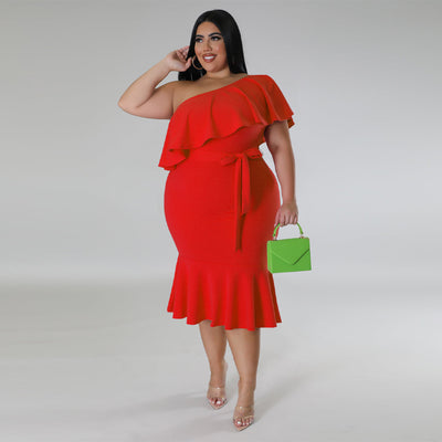 Plus Size Women Clothing Slim Casual Ruffled Tube Top Midi Dress