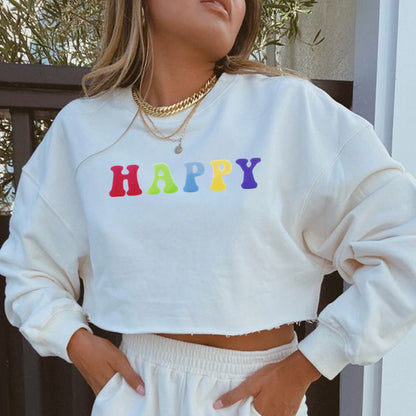 Women Clothing Autumn Winter Internet Celebrity Happy Letter Graphic Printed round Neck Loose Short Long Sleeve Sweatshirt