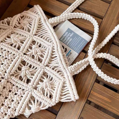 Artistic Simple Cotton Thread Shoulder Woven Bag Summer Niche Hollow Out Cutout Straw Bag Portable Women Bag Vacation Beach Bag