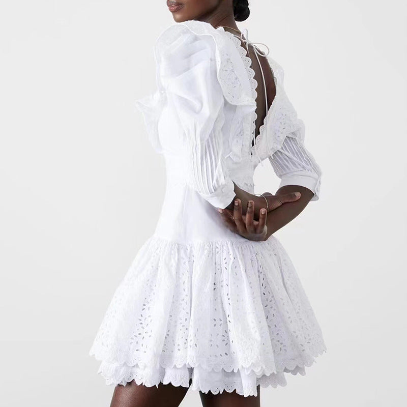 French Royal V Neck Puff Sleeve Short Dress Lace Embroidered Waist Slimming Short Dress Women