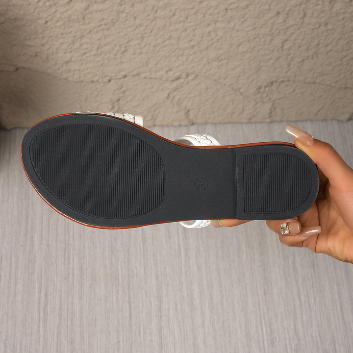 Knitted Belt Flat Slippers Women Outdoor Wear Stylish Lightweight Solid Color Beach Sandals - GLAMWEARS