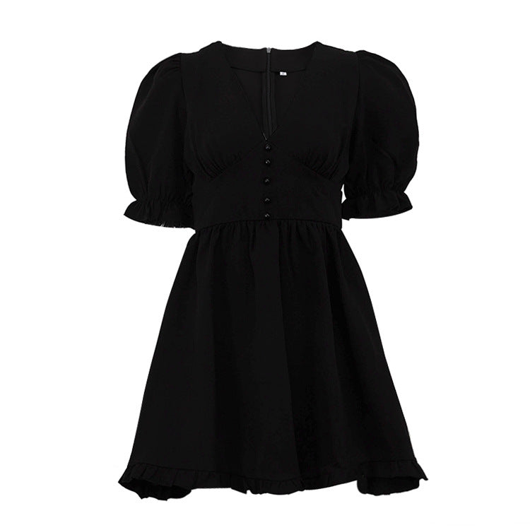Women Clothing Summer French Puff Sleeve High Waist A line Dress Sexy V neck Waist Black Dress