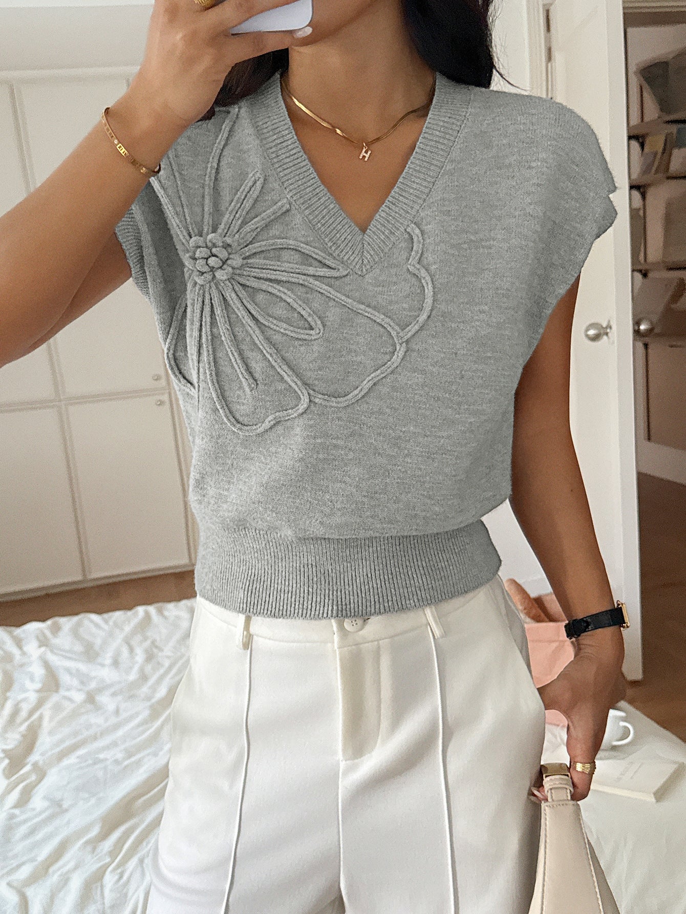 Women Clothing Autumn Winter Casual Vacation Deep V Plunge Neck Solid Color Sweater with Short Sleeves