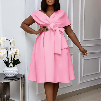 Women Clothing Summer V neck Lace up Elegant plus Size Africa Dress