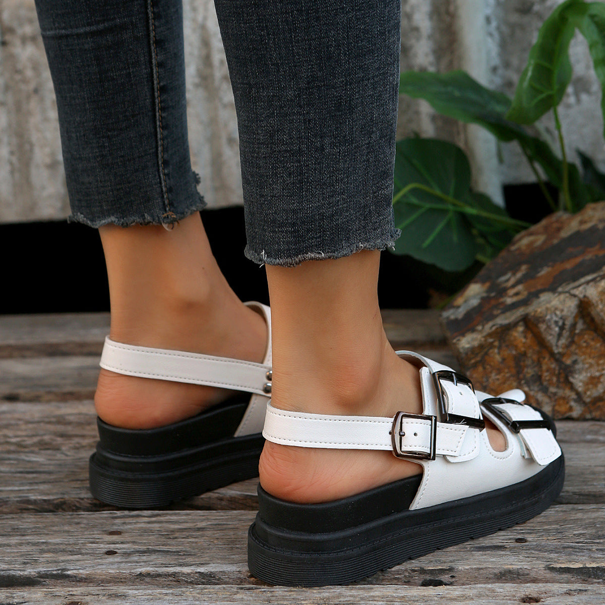 Belt Buckle Platform Hollow Out Cutout Sandals Women Solid Color Strap Buckle Beach Shoes Sandals