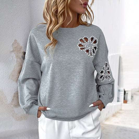 Floral Beaded Top Autumn Winter Women Clothing round Neck Loose Casual Hollow Out Cutout out Pullover Sweater