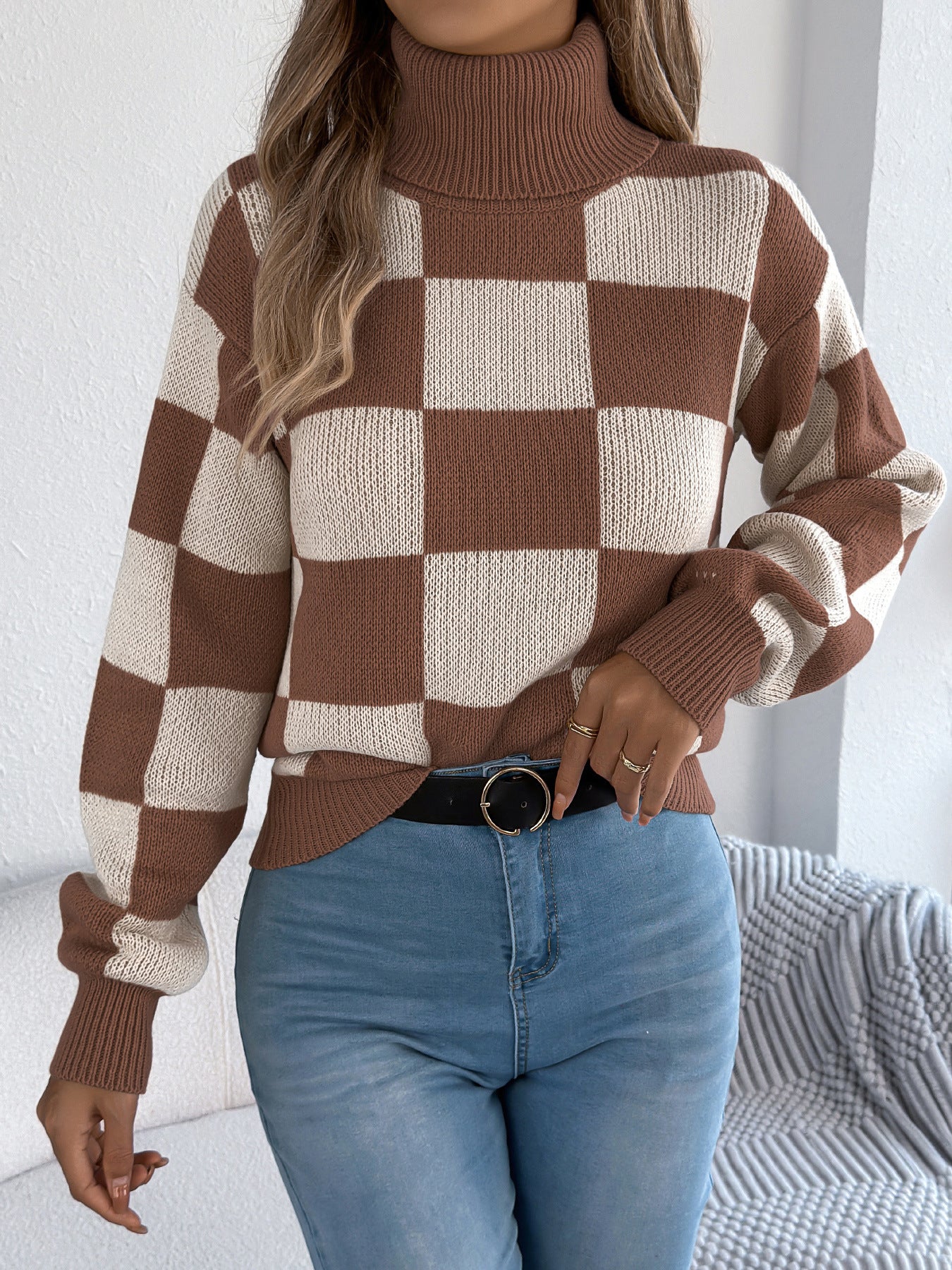 Autumn Winter Casual Turtleneck Color Contrast Check Lantern Long Sleeve Sweater Women Clothing