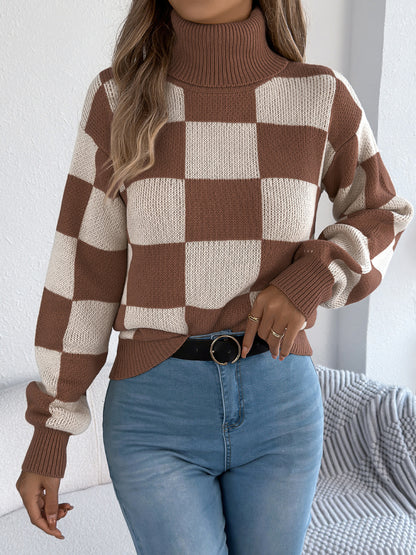 Autumn Winter Casual Turtleneck Color Contrast Check Lantern Long Sleeve Sweater Women Clothing