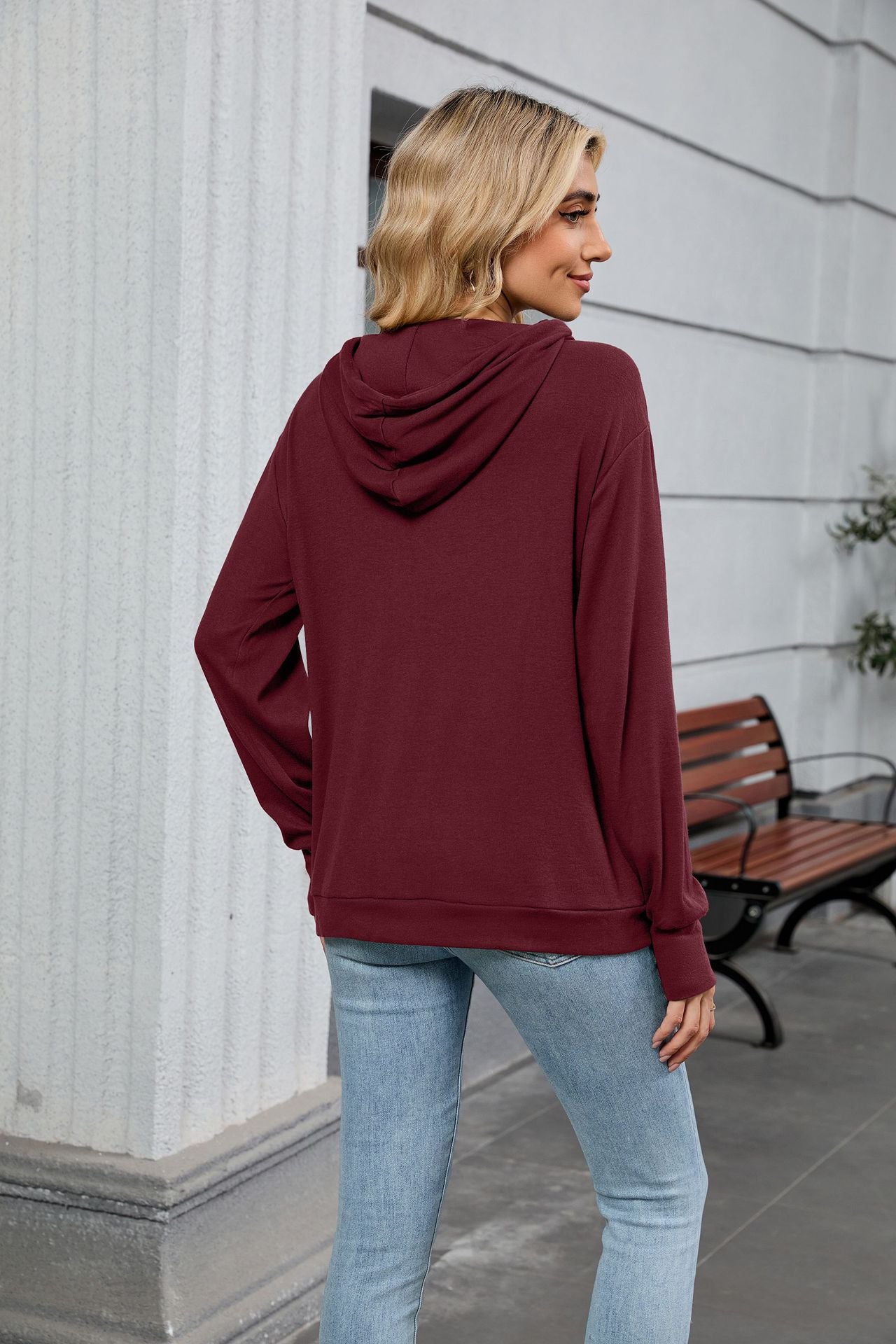 Autumn Winter Solid Color Printing Hooded Loose Long Sleeves Casual Sweatshirt Women