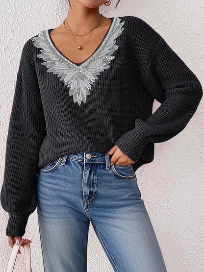 Lace Sequined Bow Tie V neck Patchwork Pullover Women Clothing Loose Lazy Long Sleeve Sweater