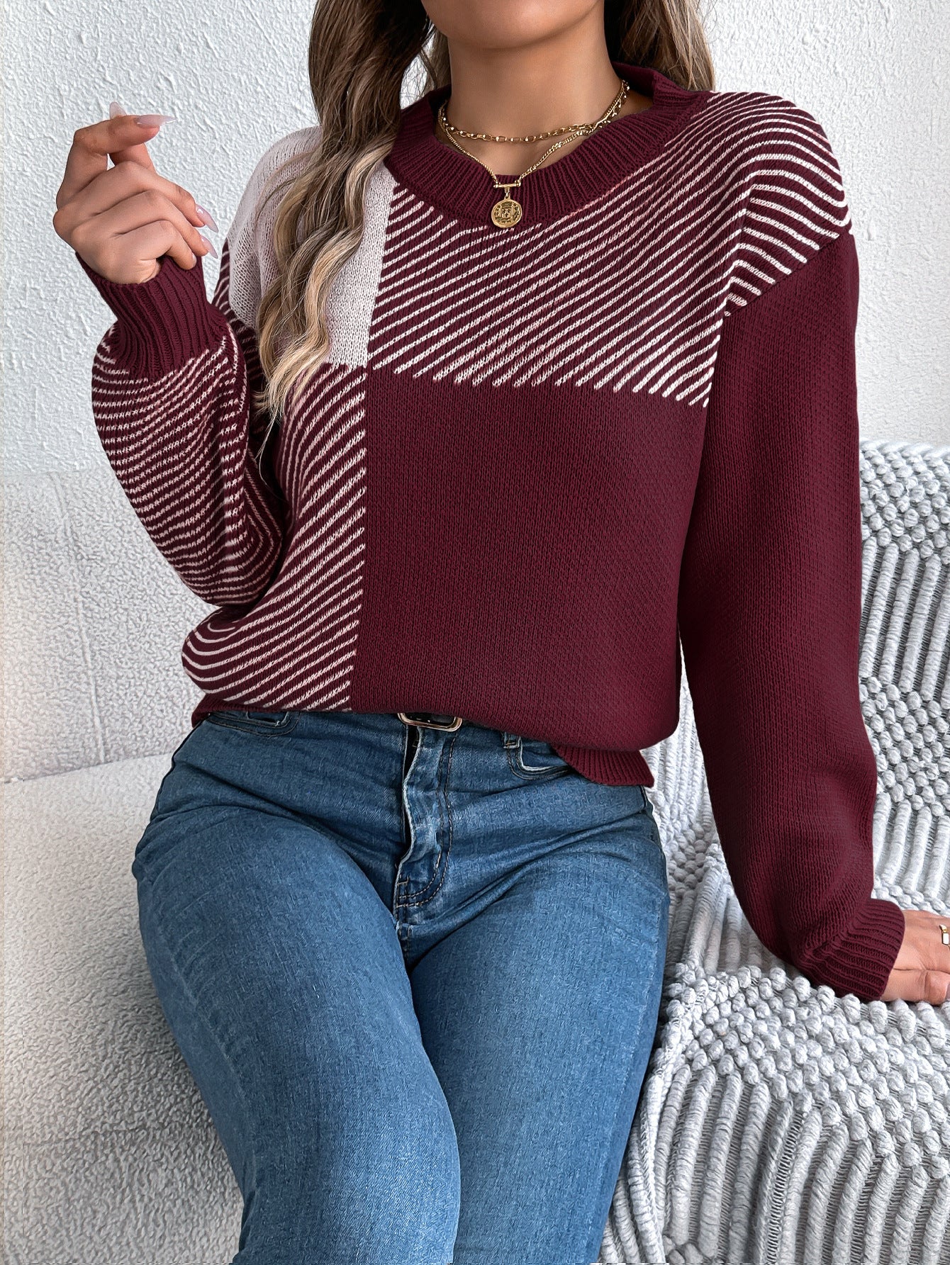 Autumn Winter Casual Color Contrast Check Long Sleeve Pullover Women Clothing