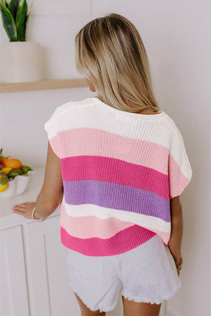 Summer Women Clothing Small U Collar Dopamine Contrast Color Casual Sweater with Short Sleeves