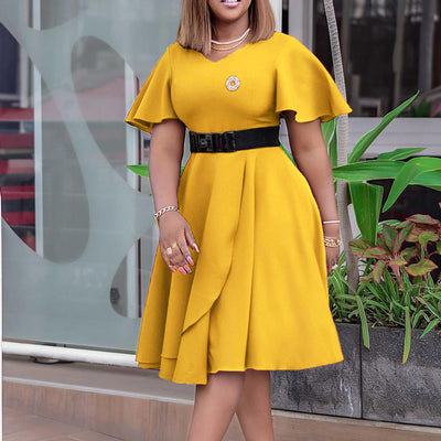 Plus Size Women Clothing Summer Ruffles V neck High Waist Large Swing Africa Dress
