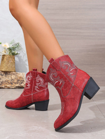 Pointed Embroidered Solid Color Chunky Heel Leather Boots Women Short Solid Color Slip on Knight Martin Boots