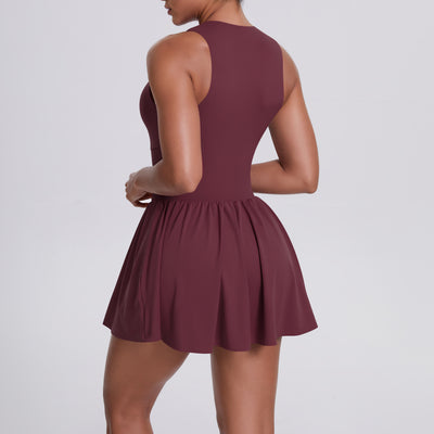 Cloud Sense Faux Two Pieces Zipped Stand Collar Dress Outdoor Running Anti Exposure Pocket Leggings Tennis Dress Women
