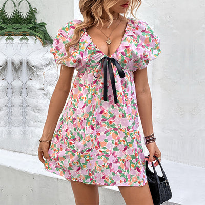 Summer Women Clothing Deep V Plunge Sexy Sweet Spicy Fairy Dress Printed Dress