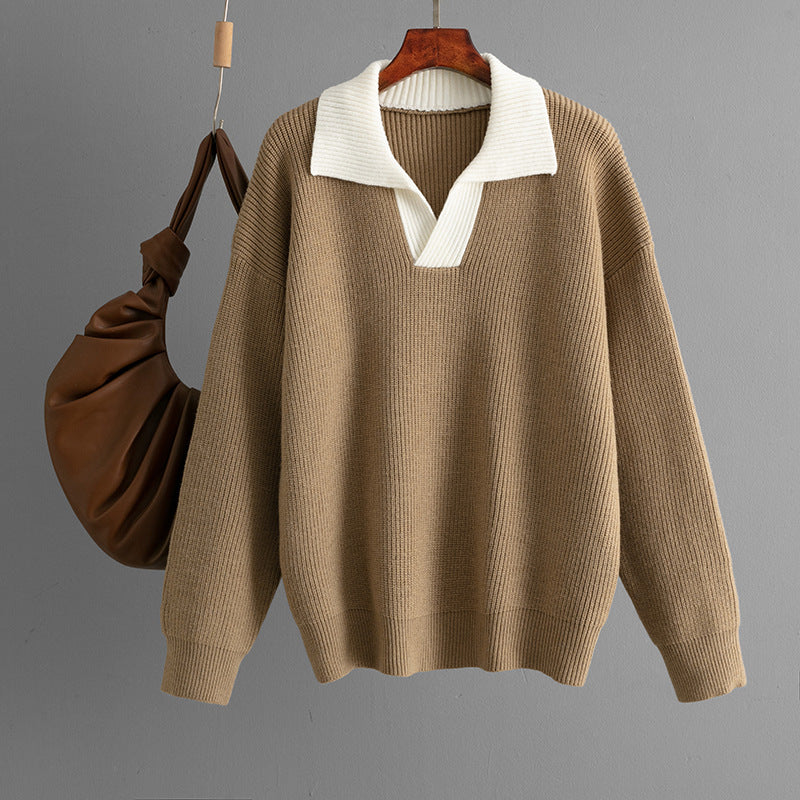 Autumn Winter Knitted Top Women Color Matching Polo Collar Loose Pullover Sweater Outerwear Sweater