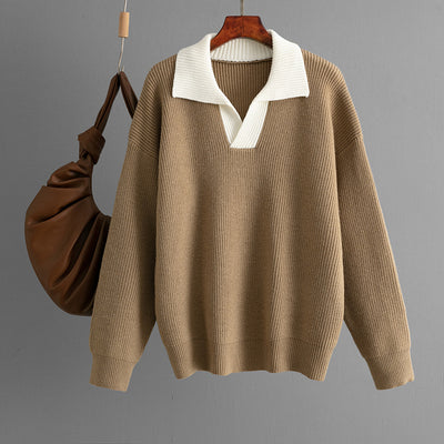 Autumn Winter Knitted Top Women Color Matching Polo Collar Loose Pullover Sweater Outerwear Sweater