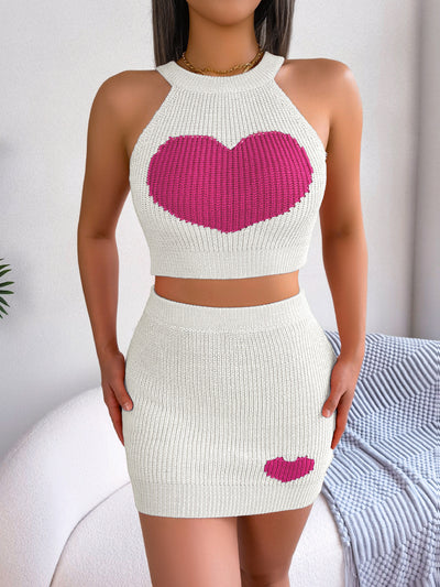 Spring Summer Casual Love Contrast Color Cropped Top Bag Hip Skirt Set Women Clothing