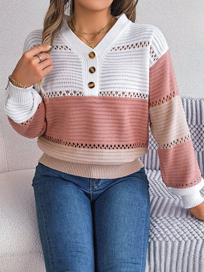 Autumn Winter Casual Button V neck Hollow Out Cutout Color Matching Lantern Sleeve Pullover Sweater Women Clothing