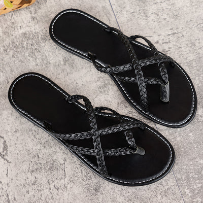 Bottom Flip Flops Women Solid Color Woven Flip Toe Outdoor Beach Sandals