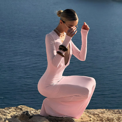 Fall Women Clothing Solid Color Slim Fit Slimming Deep V Plunge neck Sexy Sheath Long Sleeve Dress Women
